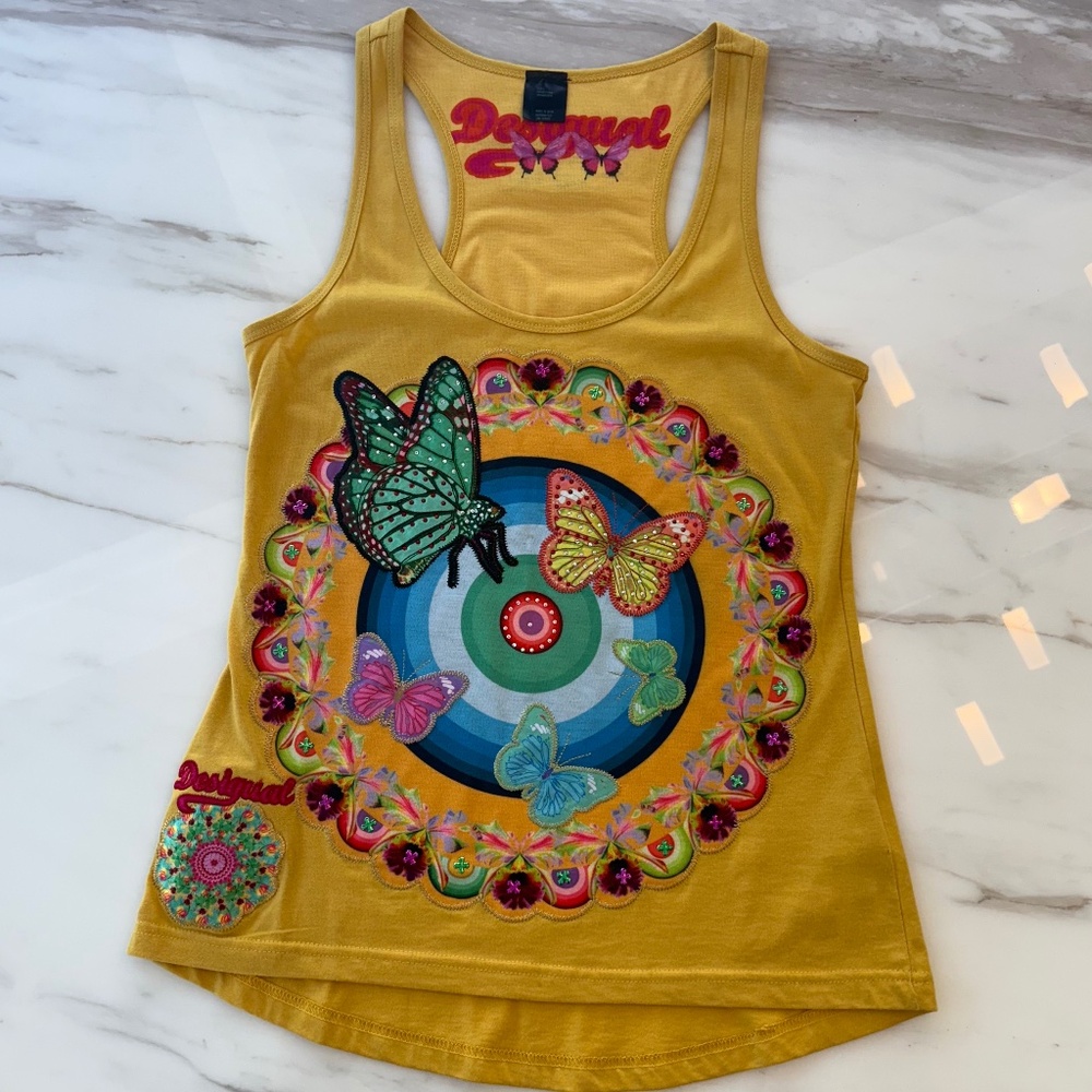 DESIGUAL Yellow Tank Top - Size S - Butterfly Embroidery